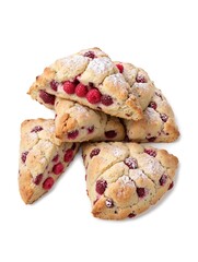 Delicious Fresh Raspberry Scones Dusted with Powdered Sugar and Served with Honey and Cream