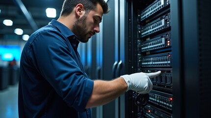 Male technician in data center adjusting server hardware with gloved hands. Modern IT infrastructure and maintenance concept.