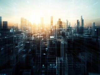 Obraz premium A futuristic cityscape with a digital overlay, symbolizing technology, innovation, and urban development.