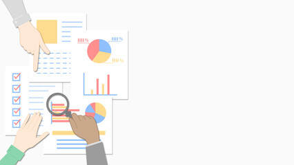 資料をチェックする様々な人の手のイラスト　書類の色はカラフル　左側バージョン