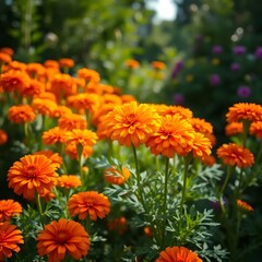 Fototapeta premium realistic marigold flower in garden. marigold flower blossom on the garden, flower yellow and orange marigold flowers for decorate garden.