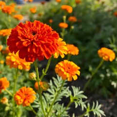 realistic marigold flower in garden.
marigold flower blossom on the garden,
flower yellow and orange marigold flowers for decorate garden.
