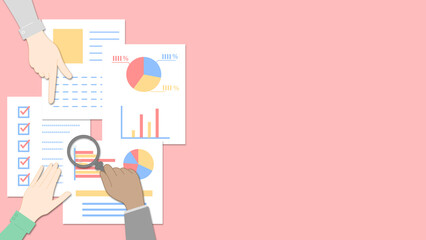 資料をチェックする様々な人の手のイラスト　書類の色はカラフル　左側バージョン