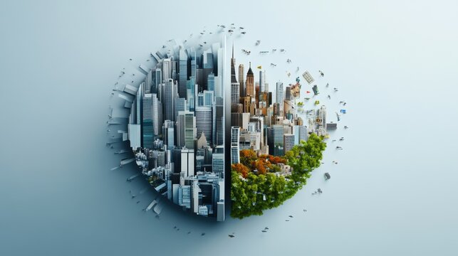 A circular split image of a modern cityscape contrasting urban density with green nature.