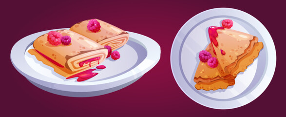 Pancakes served with raspberries set isolated on background. Vector cartoon illustration of rolled and folded thin fried pan cakes with sweet berry jam on plate, top view, cafe breakfast menu icons