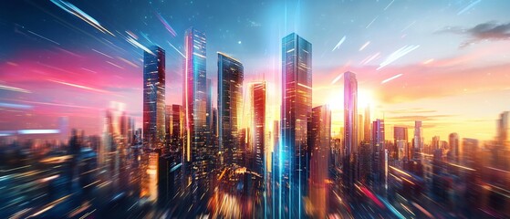 Fototapeta premium Modern Cityscape with Light Trails at Sunset.