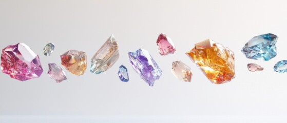 A collection of colorful gemstones are suspended in midair