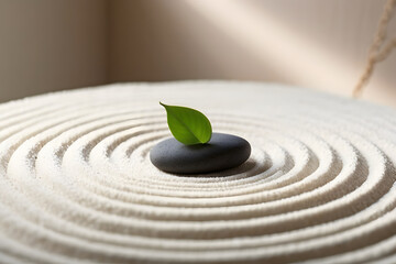Zen Garden Circles,Clean concentric circles drawn in fine white sand with a  black stone and green leaf