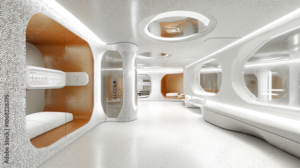 Poster Explore the futuristic design of an immune system monitoring center with innovative architecture and sleek interiors