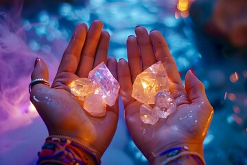 Close-up of a woman's hands with a magic glowing crystal in her hands. On the background of water. Style Magical photo