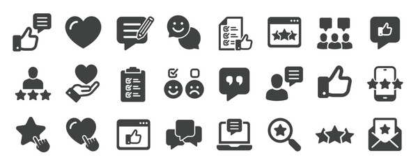 Testimonial solid icons collection. Containing feedback, review, rating, survey etc icons. For website marketing design, logo, app, template, ui, etc. Vector illustration.