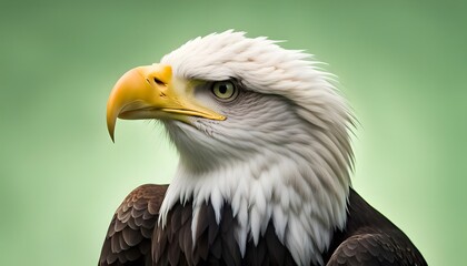 Obraz premium Close-up portrait of a bald eagle with a yellow beak looking to the left against a green background.
