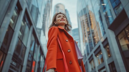 Fototapeta premium A confident woman wearing a stylish red coat is strolling through the city center, carrying shopping bags. She is enjoying the modern urban environment with chic streets and buildings