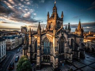 Obraz premium Aerial View of St. Giles' Cathedral in Edinburgh, Capturing the Majestic Architecture and Surrounding Historic Cityscape, Perfect for Travel and Cultural Photography Collections