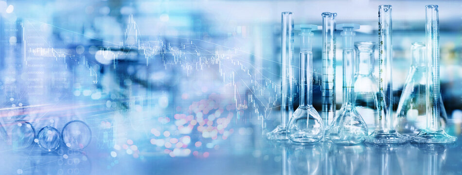 glass flask and cylinder in chemistry science lab with graph white blue banner background