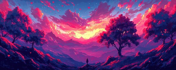Vibrant Sunset Landscape Romantic Pink Purple Mountains Trees Person
