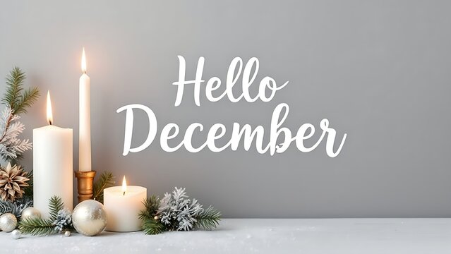 A festive arrangement with lit candles, pine branches, and ornaments, accompanied by the text "Hello December" on a gray background