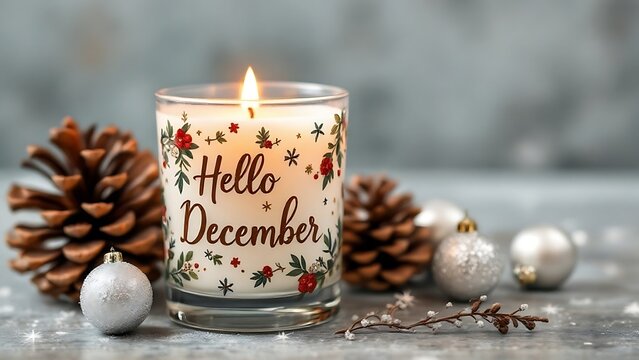 A festive scene with a lit candle in a glass holder that says "Hello December," surrounded by pine cones, silver ornaments, and a small branch, evoking a cozy and seasonal atmosphere