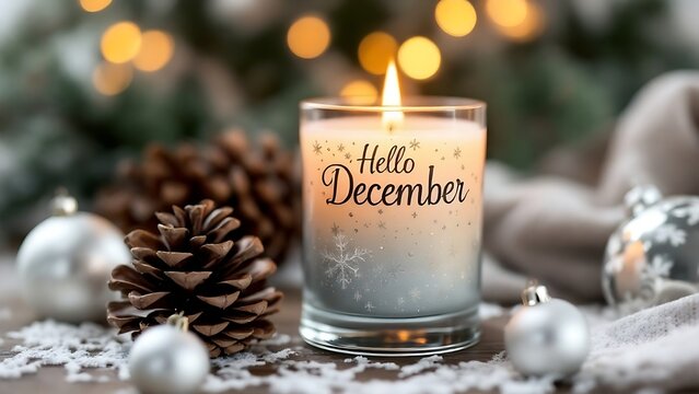 A lit candle with the text "Hello December" on it, accompanied by a pine cone and silver Christmas ornaments, creating a festive and cozy winter atmosphere