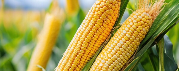 Close-up of ripe yellow corn cobs in a green field. Agricultural crop and harvest concept.