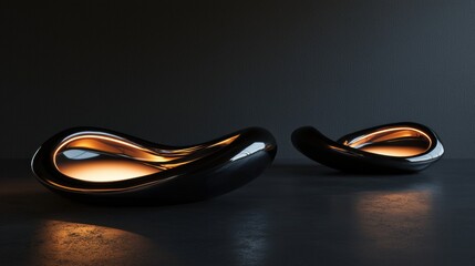 Two black, curved, and shiny objects with a light on them