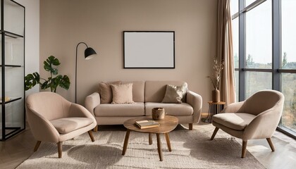 Beige lounge zone interior couch and armchairs near window, mockup frame
