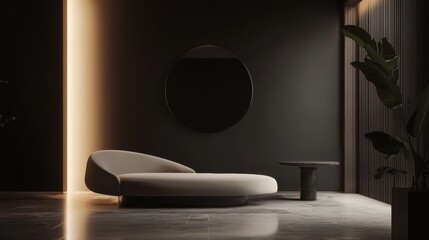 A black room with a white couch and a black table