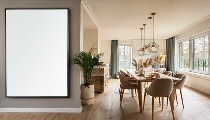 Fototapeta premium Bright dining and living room interior with empty white poster