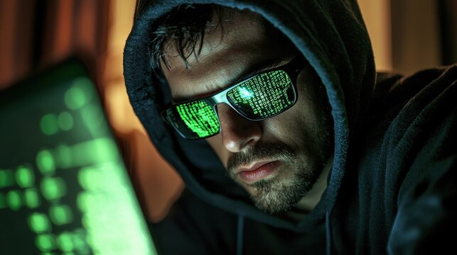 A man wearing sunglasses and a hoodie is looking at a computer screen