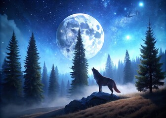 A Lone Wolf Howls at a Full Moon in a Dense Forest Surrounded by Tall Pines Under a Starry Sky, Creating a Mystical Atmosphere of Nature and Wilderness