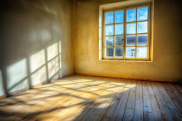 A sunlit empty room with wooden flooring and a large window casting shadows.