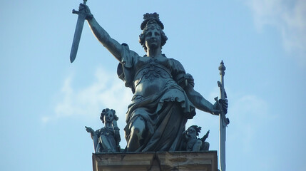 Obraz premium A bronze statue of a female figure holding a sword stands atop a building, with two cherubs at her feet
