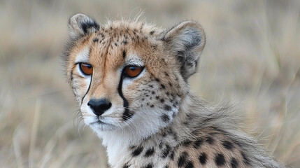A cheetah with piercing brown eyes stares intently at the camera.