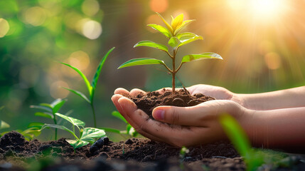 A child's hands gently hold a young sapling in rich soil, with other plants growing in the background.  The sun shines brightly in the background, signifying growth and hope.