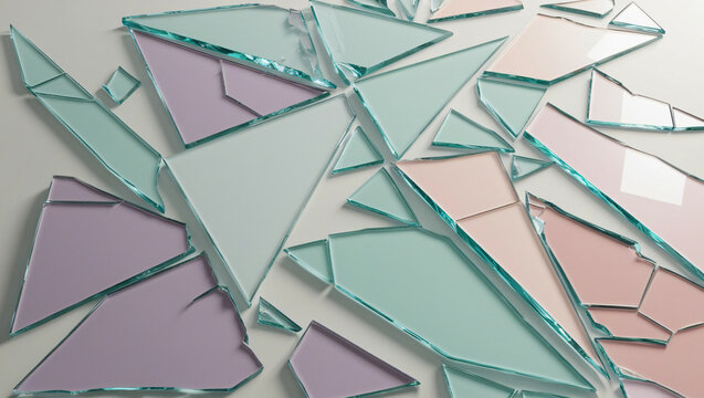 3D Broken glass shards arranged in an abstract pattern. Asymmetrical, triangular fragments with prismatic effect.