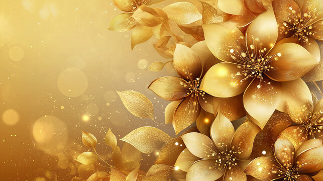 Gold flower wallpaper with golden light effects and intricate floral details
