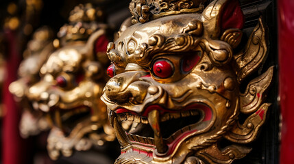 Obraz premium A close-up of a golden lion head with red eyes, a traditional Chinese temple decoration.
