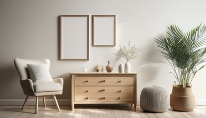 Fototapeta premium Light chill room interior with seat and drawer with decoration, mockup frame