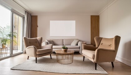 Light guest room interior with two armchairs and sofa, mockup poster