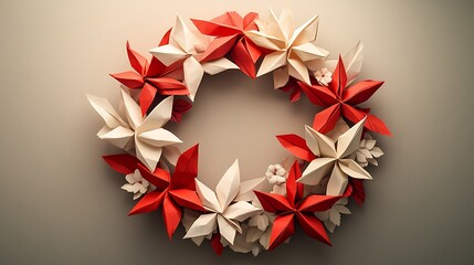 A decorative origami wreath with red and white accents arranged on a soft, neutral background, showcasing precise folds and clean lines, highlighted by soft ambient lighting. --ar 16:9
