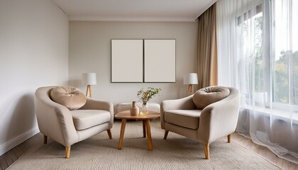 Light guest room interior with two armchairs and sofa, mockup poster