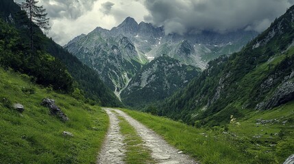Obraz premium A serene dirt path leads through a lush valley surrounded by majestic mountains under a cloudy sky.