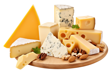 A set of different cheeses on a wooden tray isolated on a transparent background.