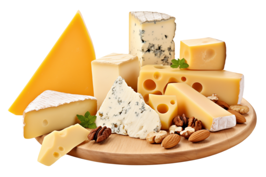 A set of different cheeses on a wooden tray isolated on a transparent background.