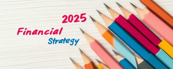 Colorful pencils for financial strategy planning, white background