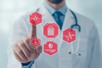 Doctor interacting with healthcare icons.