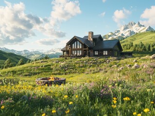 Scenic mountain house surrounded by vibrant wildflowers and majestic peaks.