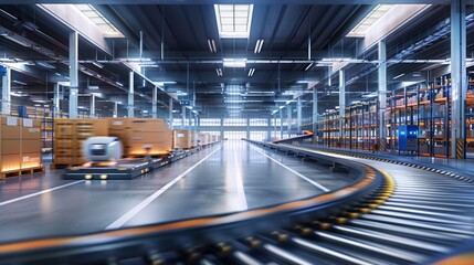 Inside a modern warehouse featuring robotic pickers efficiently transporting goods along a conveyor system under bright overhead lights