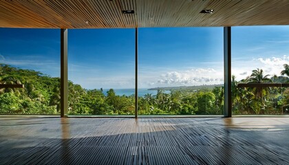 Minimalist empty office interior and panoramic window on tropics