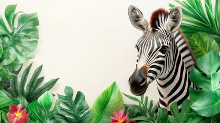 Naklejka premium Zebra surrounded by tropical leaves, white isolated background